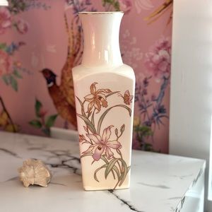 Japanese ceramic 11" tapered square vase with Lillie’s handpainted iris flowers